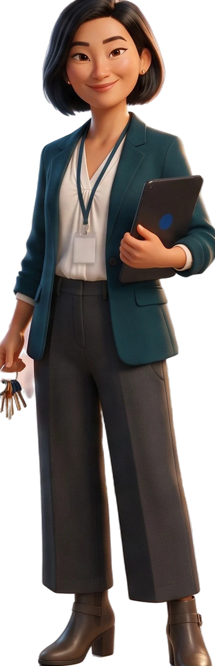 Grace the property manager with a tablet under her arm and a ring of keys in her hand