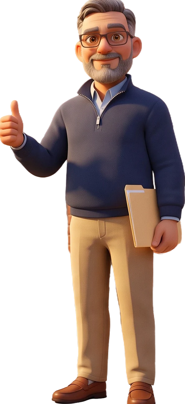 Sam the landlord giving a cheerful thumbs-up, a manila folder under his arm