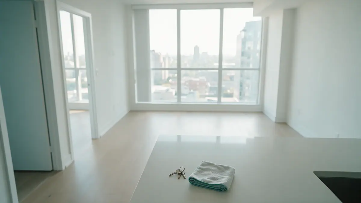 An empty, freshly cleaned condo living room with keys on the kitchen island
