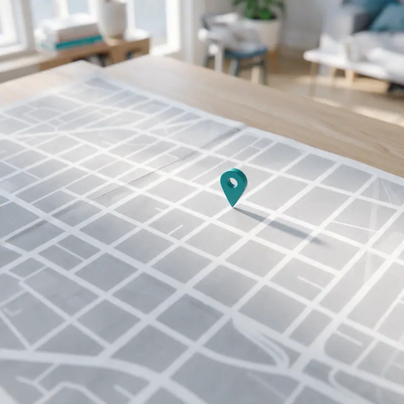 A location pin on a city street map