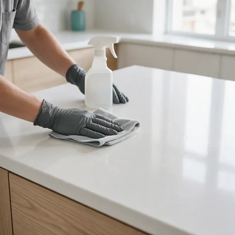 Gloved hands cleaning a kitchen counter