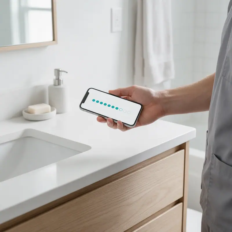 A phone showing a job score over a clean bathroom